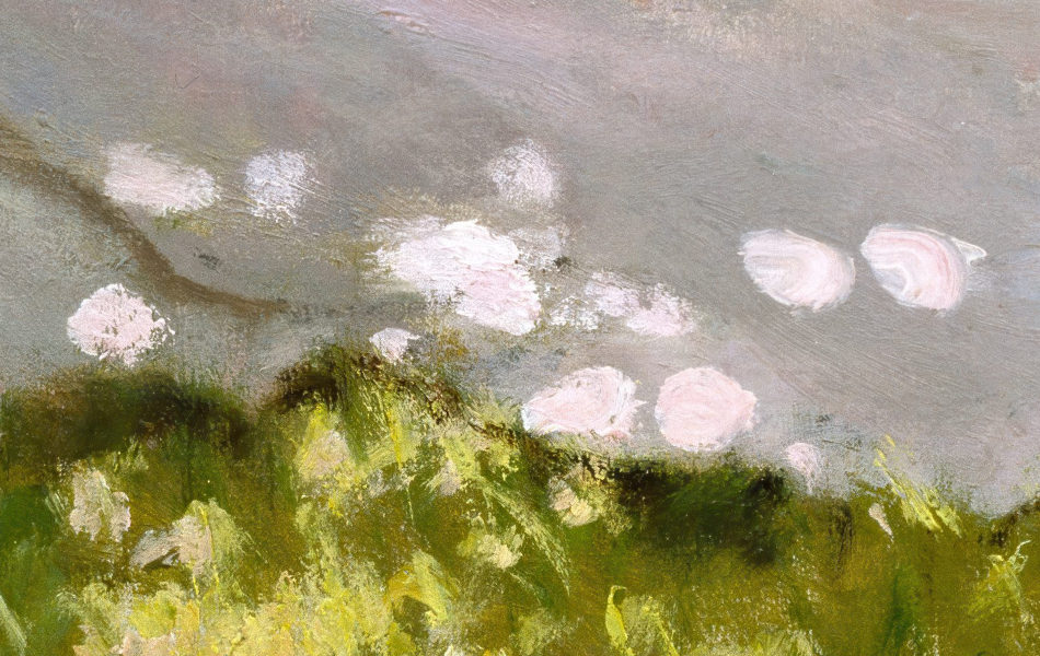 Close-up detail of garden shade in Springtime by Claude Monet, showing lilac branches, foliage and dappled light around Camille Monet.
